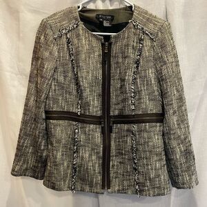 ETCETERA Jacket Black White Shimmer Gold Fringe Zip Front Size 12